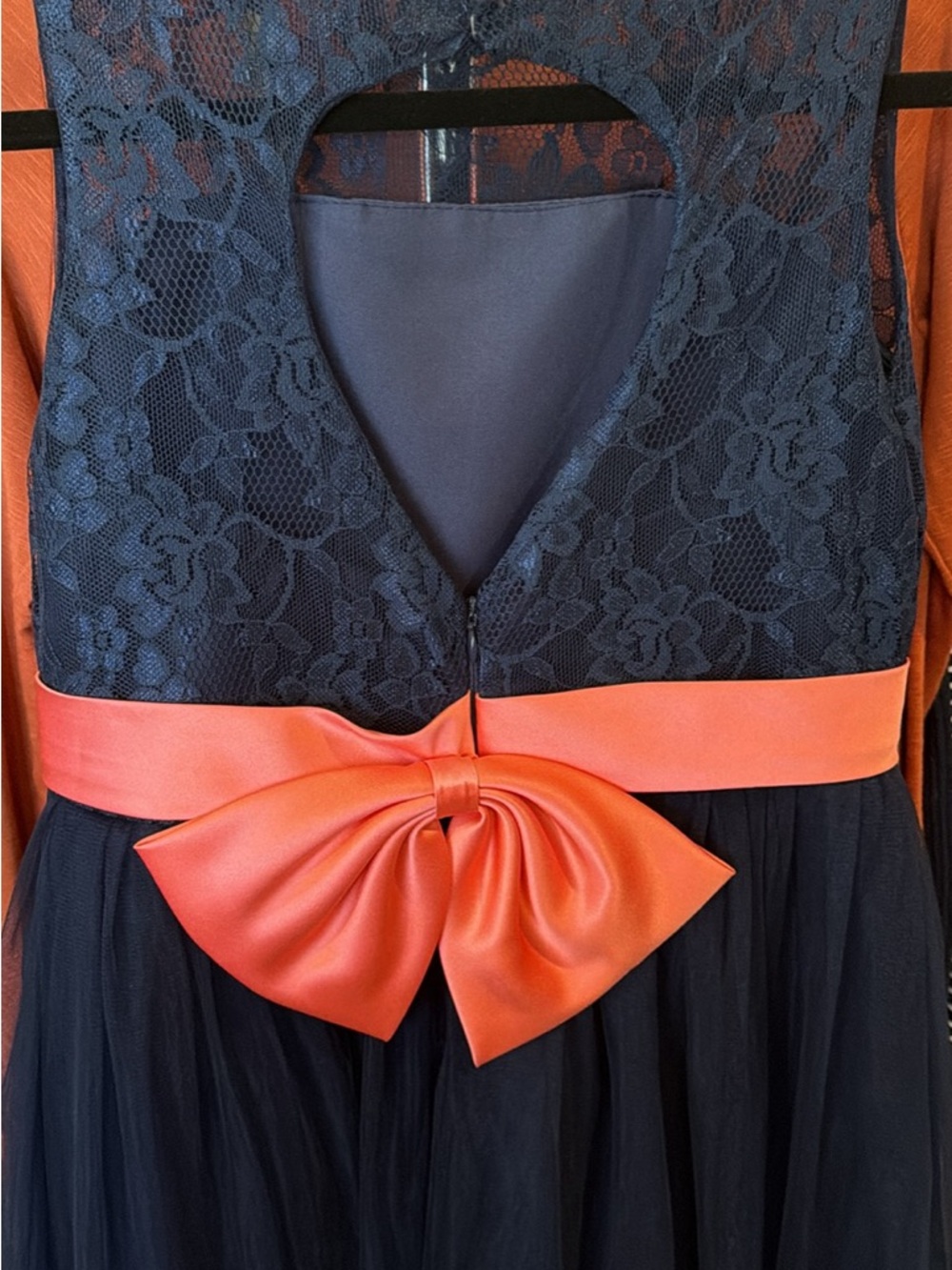 Navy Lace & Tulle Dress with Coral Satin Bow